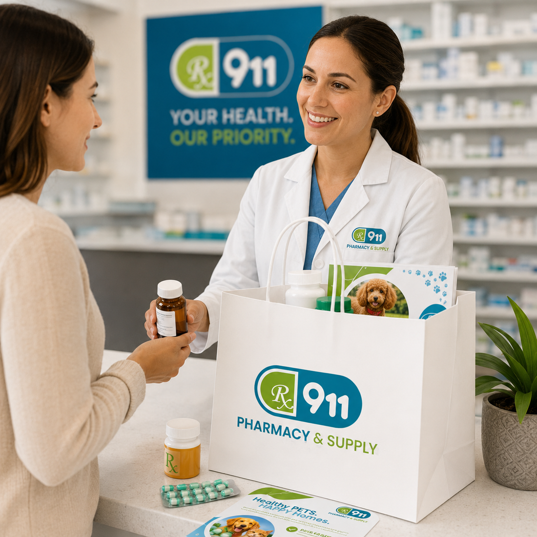Clean modern pharmacy interior with pickup, drop off, and consult area